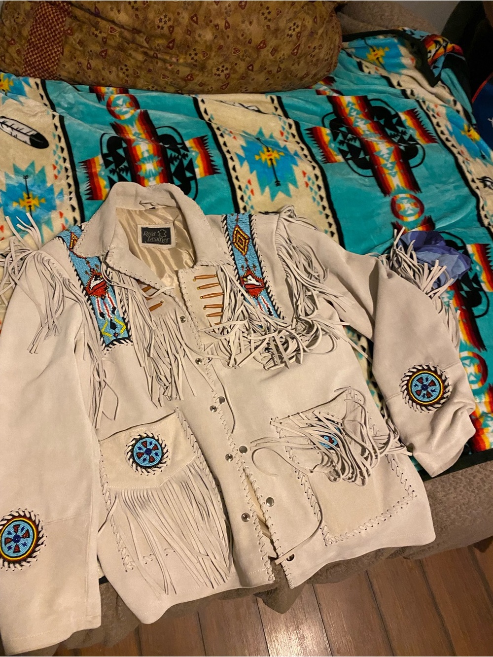 Beige Suede Fringe Jacket with Aztec Beadwork